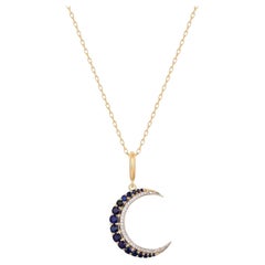 Blue Sapphire Moon 14K (or 18k request) Yellow Gold Diamond Pendant Necklace