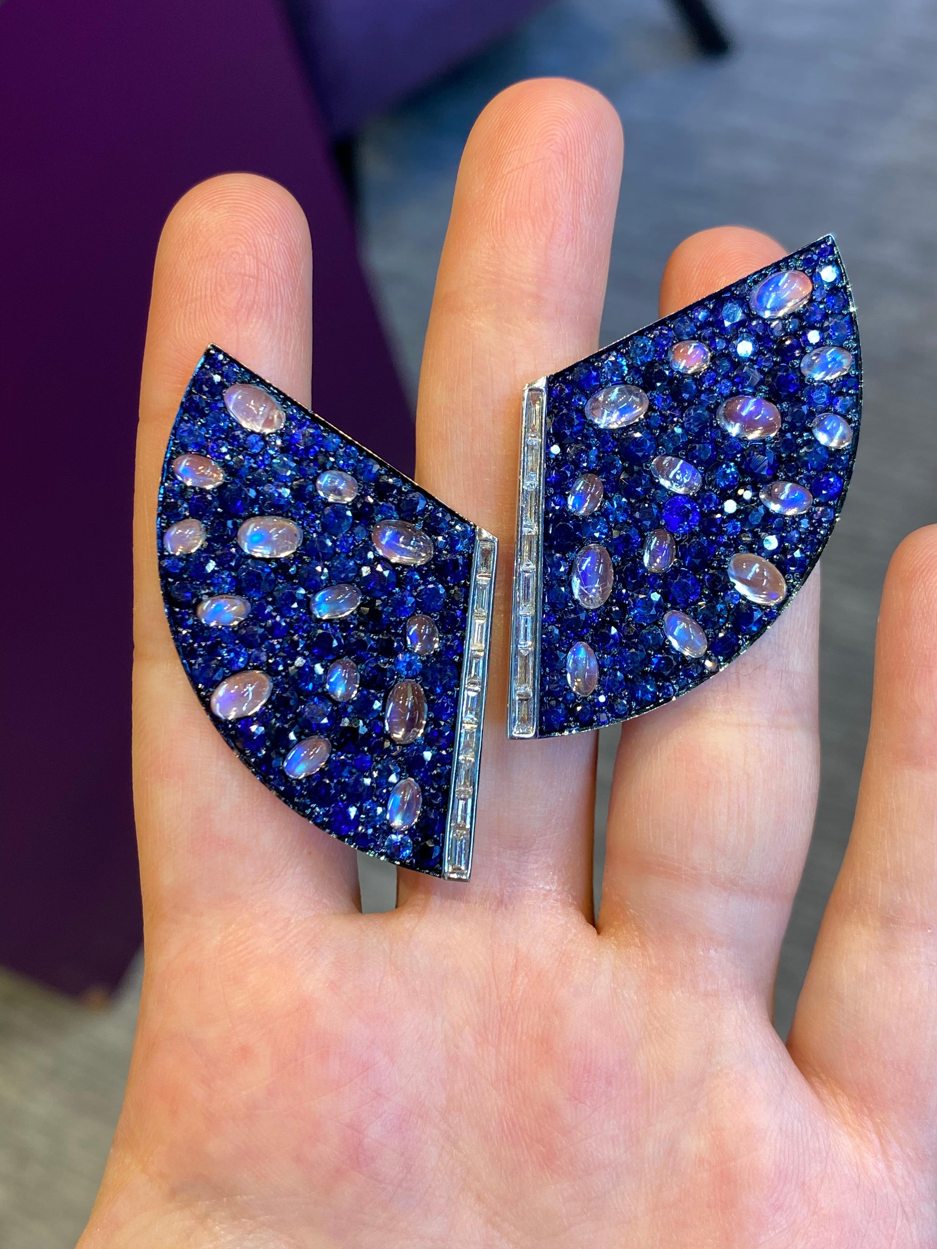 Round Cut Blue Sapphire and Moonstone Diamond Earrings
