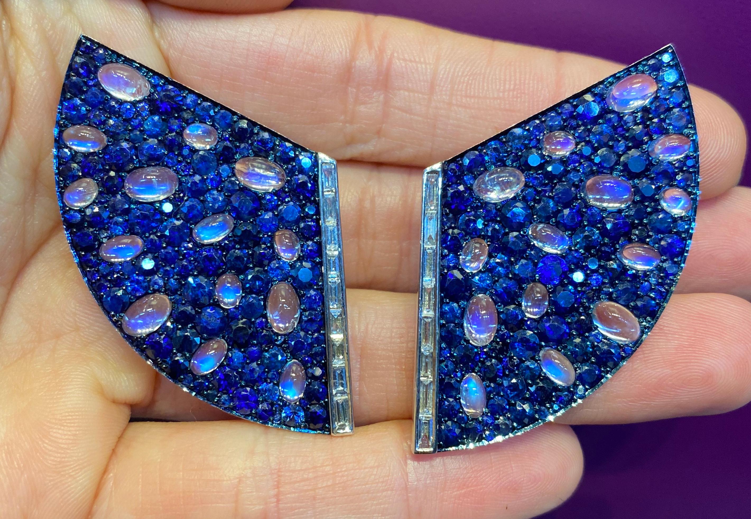 Women's Blue Sapphire and Moonstone Diamond Earrings