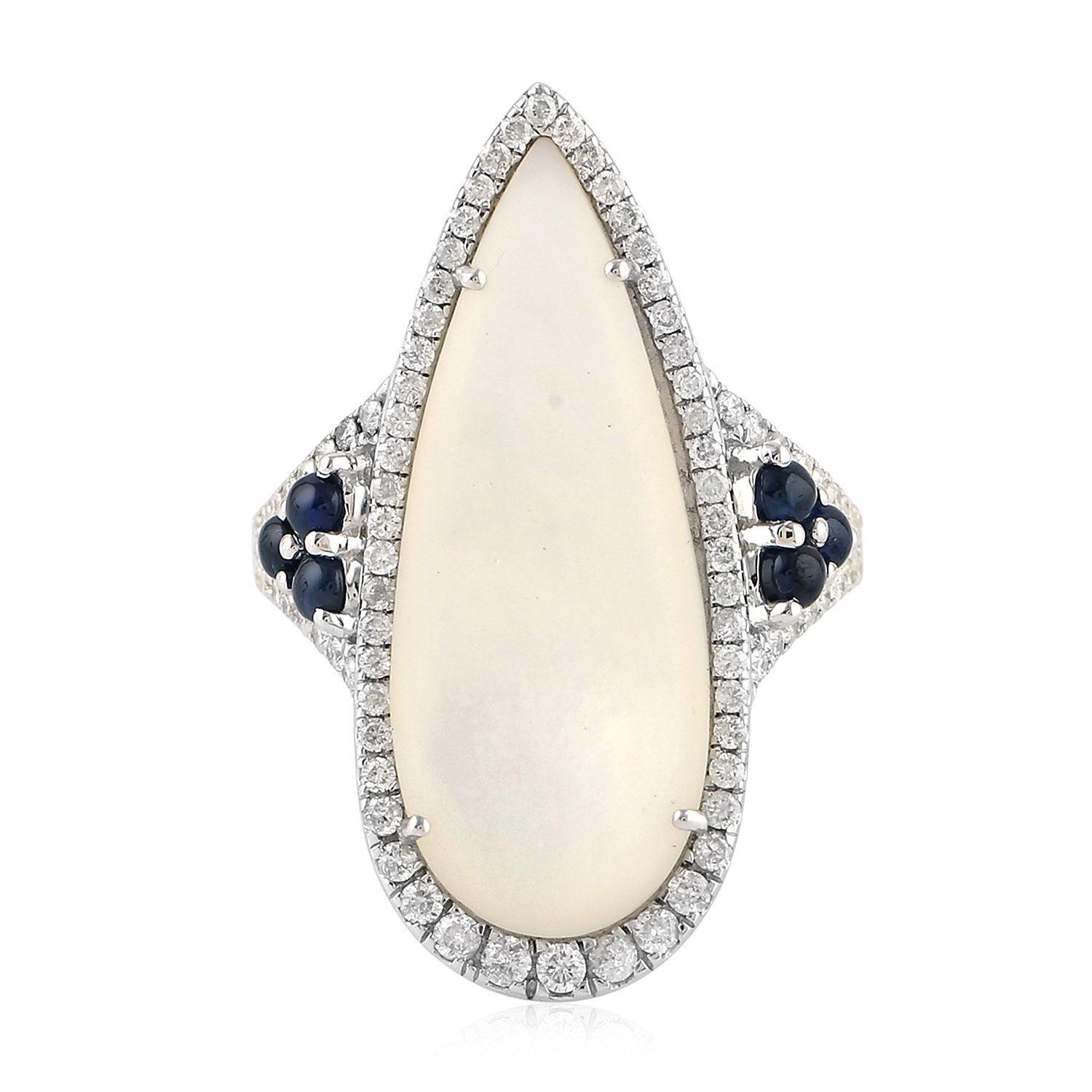 For Sale:  Blue Sapphire Mother of Pearl 18 Karat Gold Diamond Ring 3