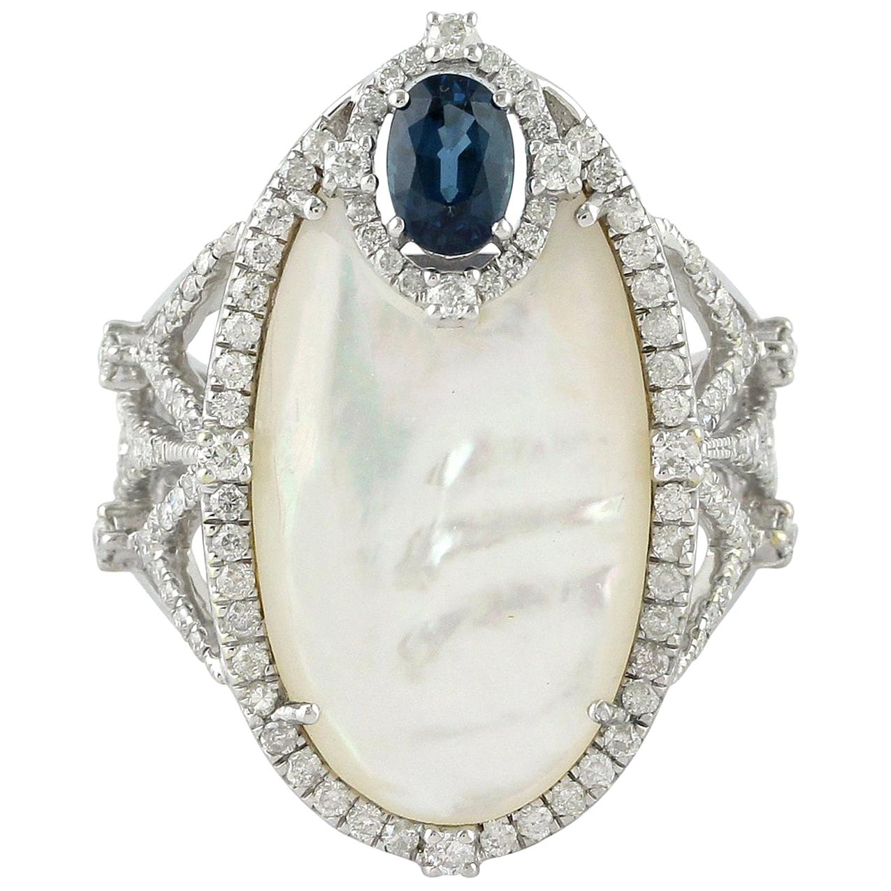 For Sale:  Blue Sapphire Mother of Pearl Diamond 18 Karat Cocktail Ring