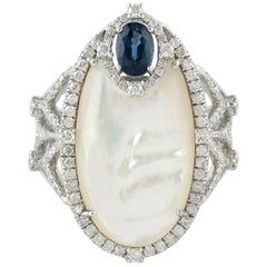 Blue Sapphire Mother of Pearl Diamond 18 Karat Cocktail Ring