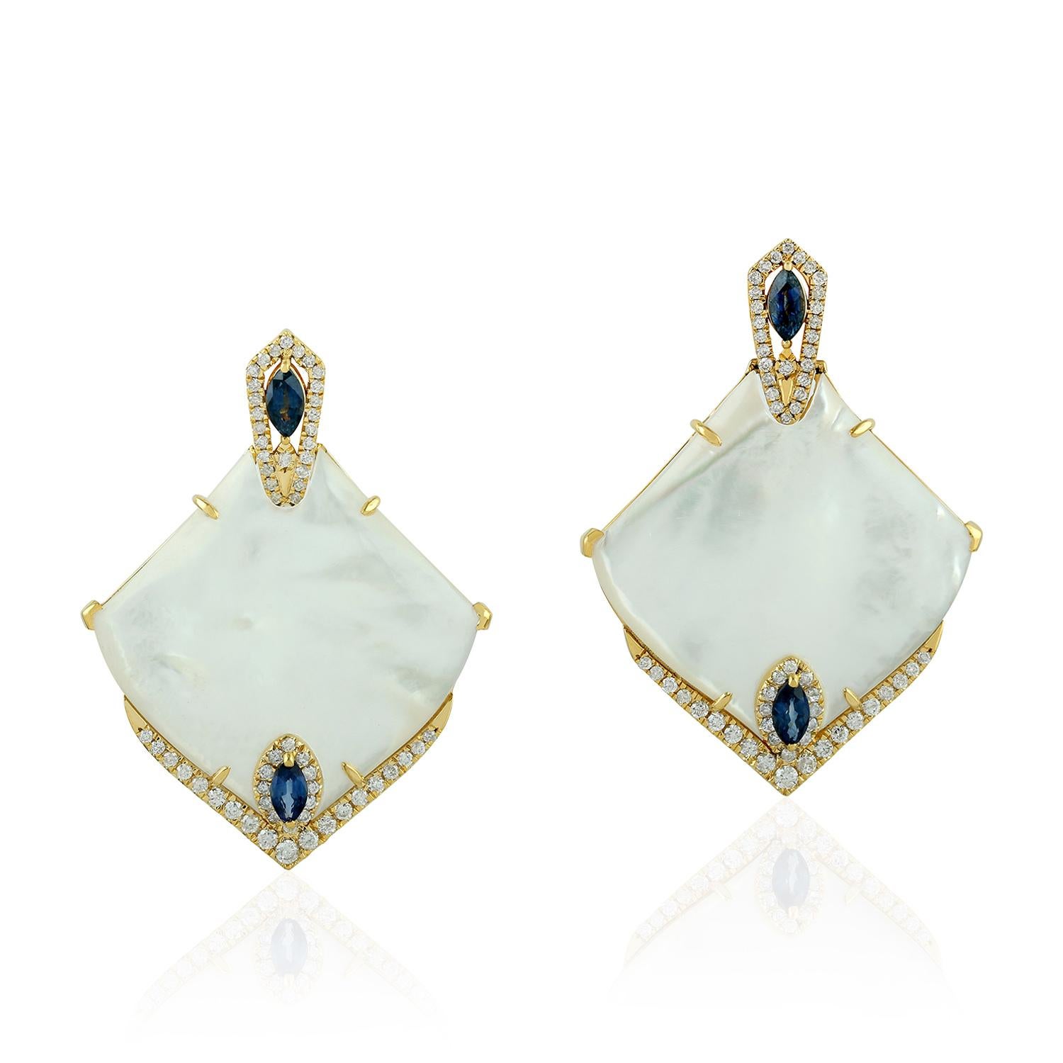 Modern Blue Sapphire Mother of Pearl Diamond 18 Karat Gold Earrings For Sale