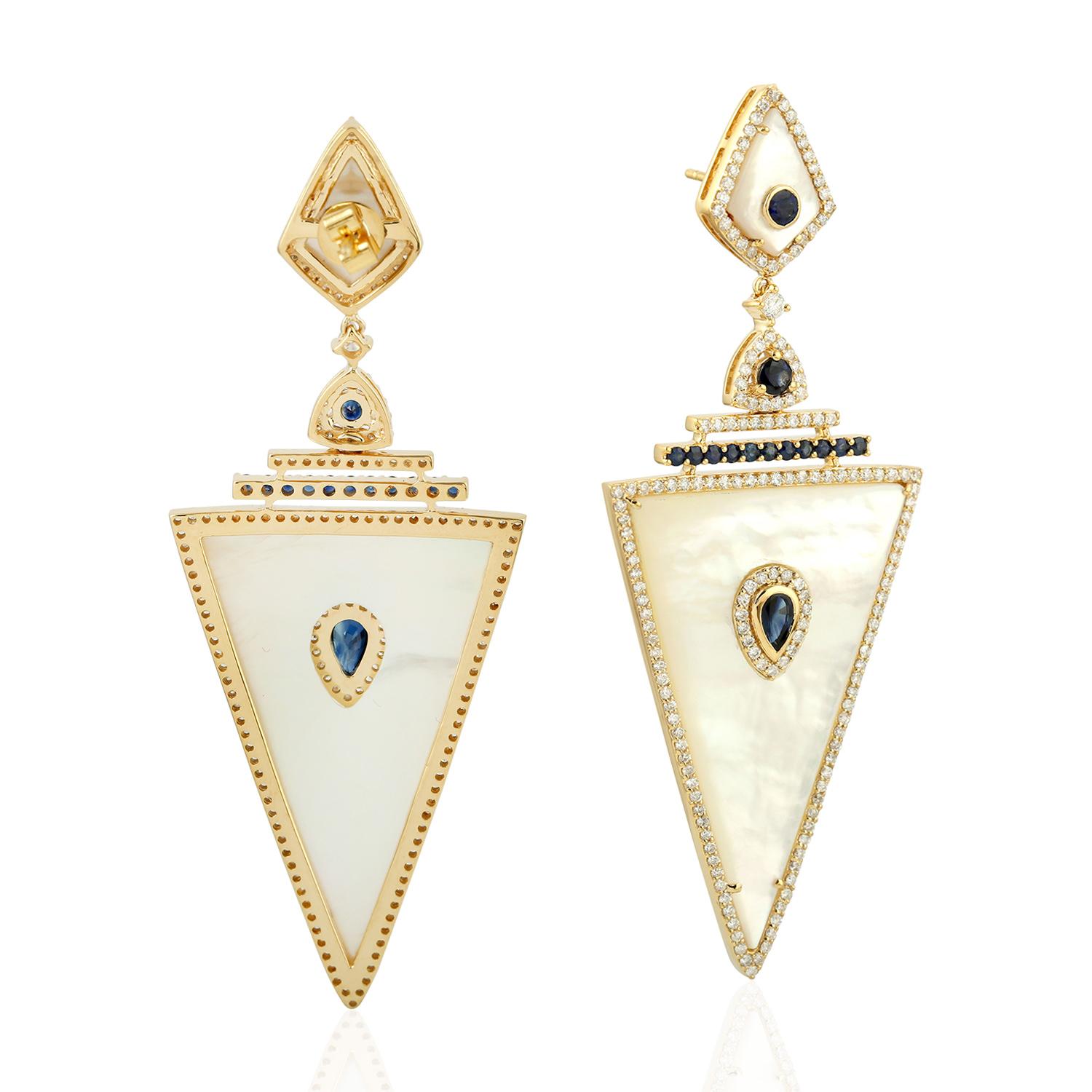 Modern Blue Sapphire Mother of Pearl Diamond 18 Karat Gold Earrings For Sale