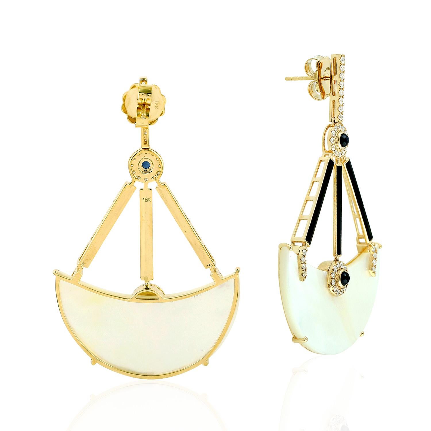 Modern Blue Sapphire Mother of Pearl Diamond 18 Karat Gold Earrings For Sale