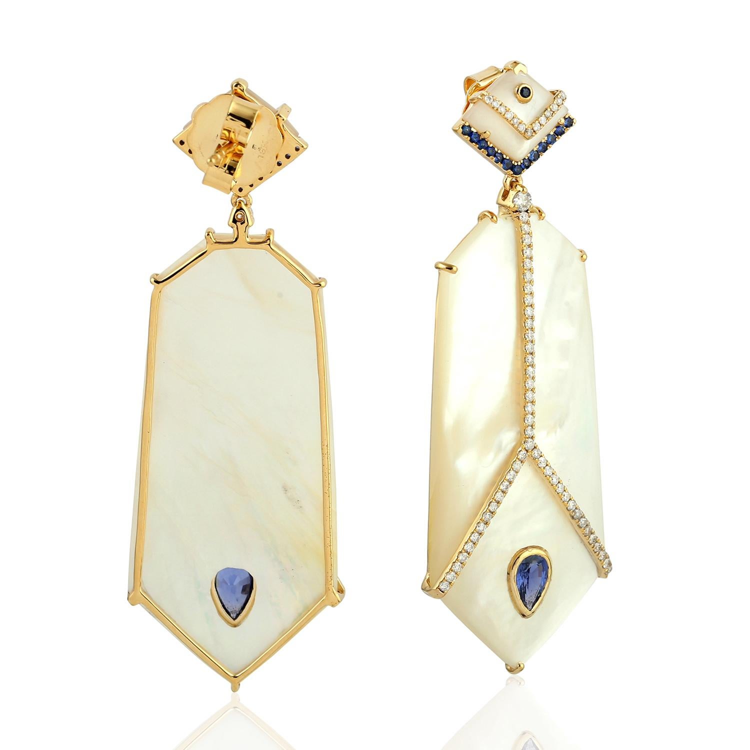 Modern Blue Sapphire Mother of Pearl Diamond 18 Karat Gold Earrings For Sale