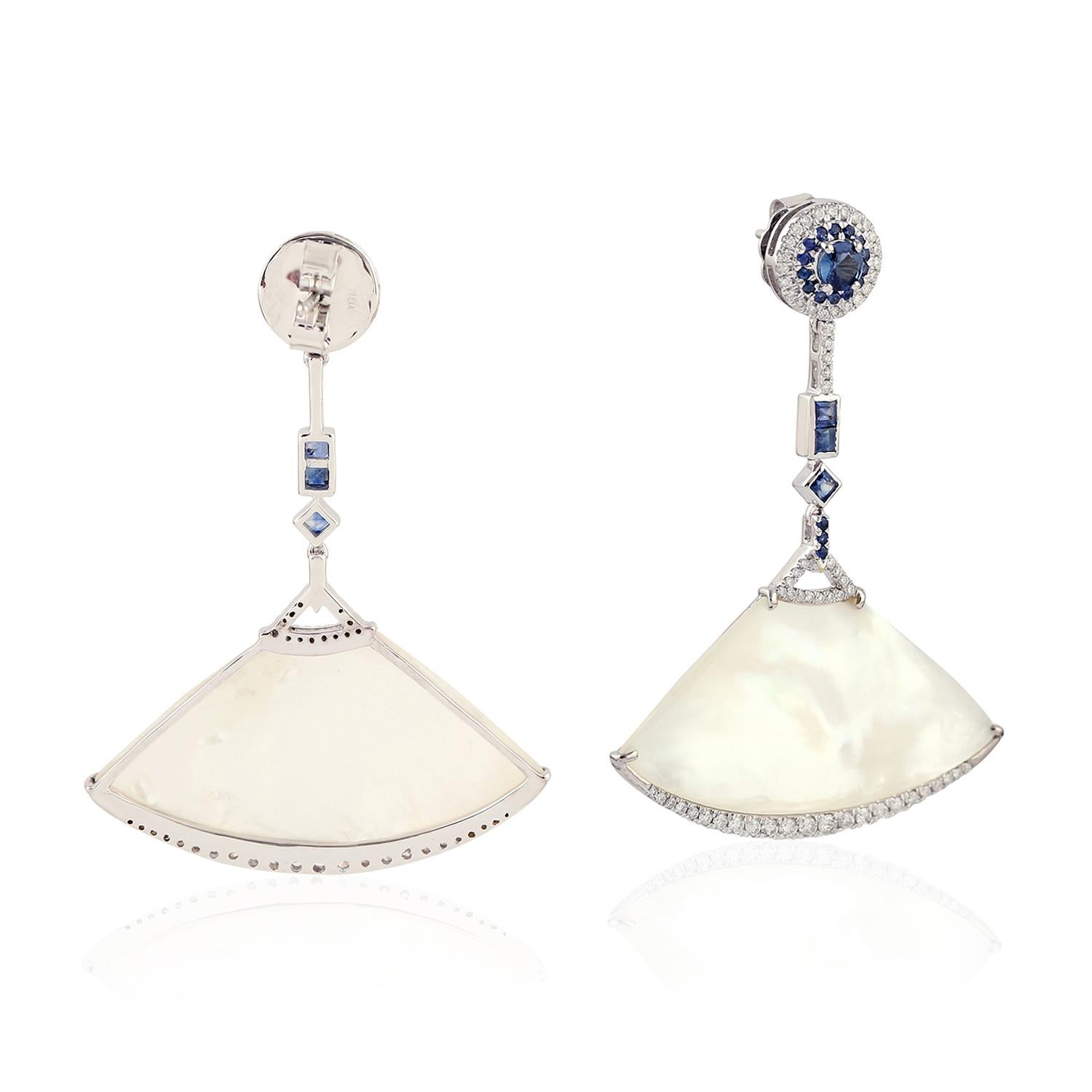 Modern Blue Sapphire Mother of Pearl Diamond 18 Karat Gold Fan Earrings For Sale