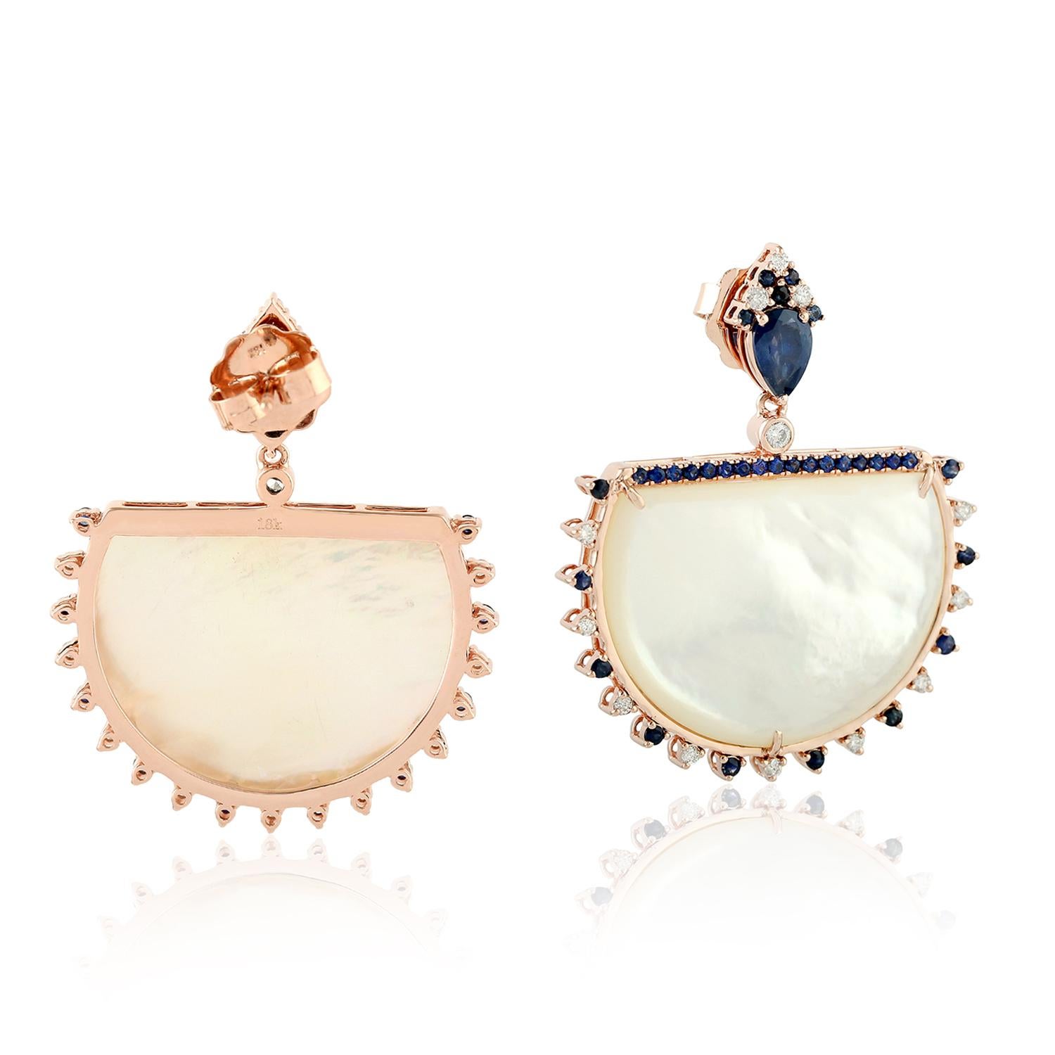 Modern Blue Sapphire Pearl Diamond 18 Karat Gold Earrings For Sale
