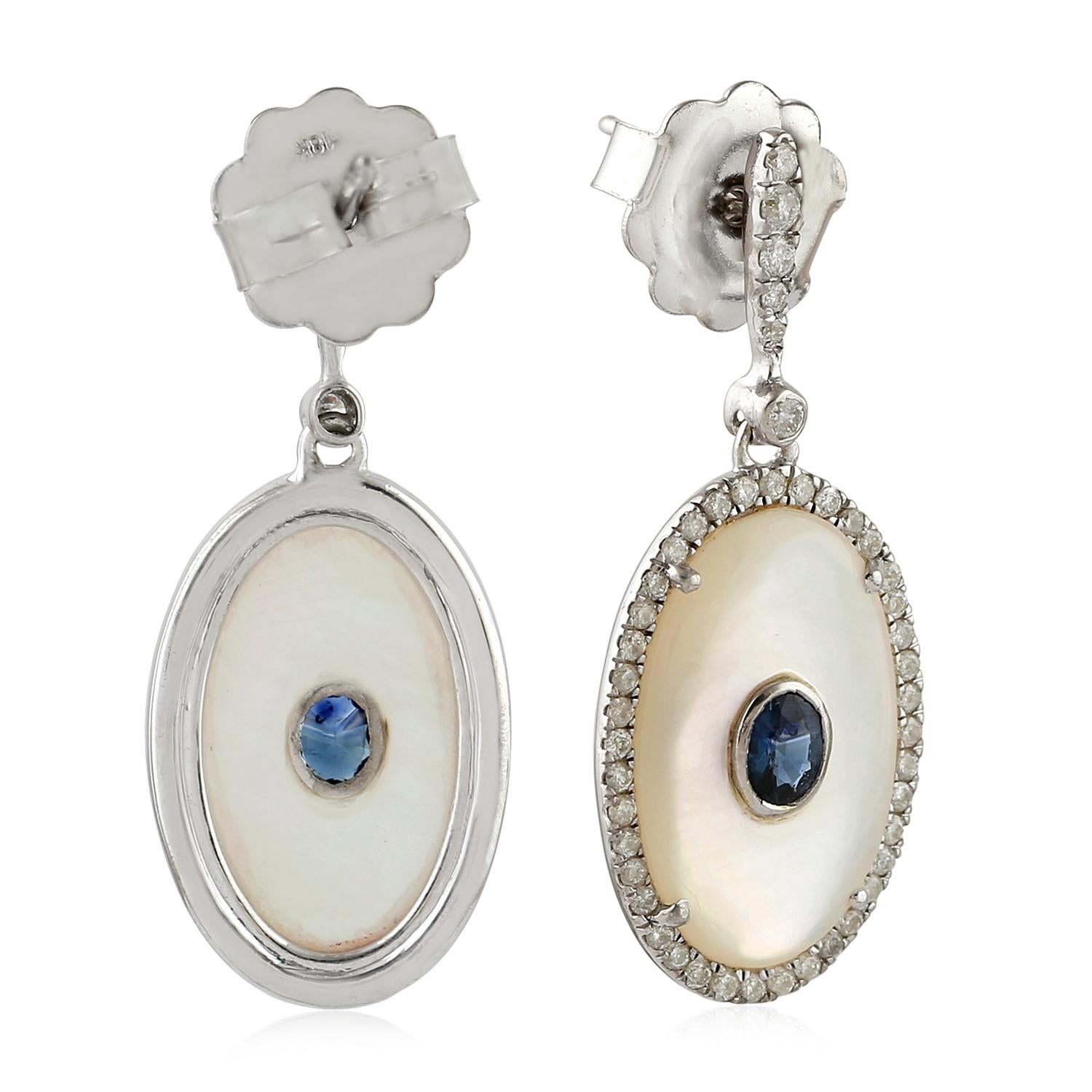 Modern Blue Sapphire Pearl Diamond 18 Karat Gold Earrings For Sale