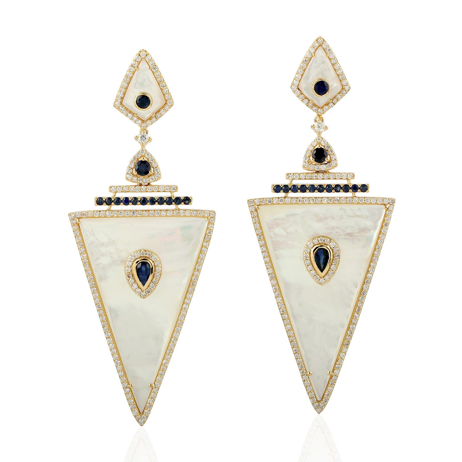 Mixed Cut Blue Sapphire Mother of Pearl Diamond 18 Karat Gold Earrings For Sale