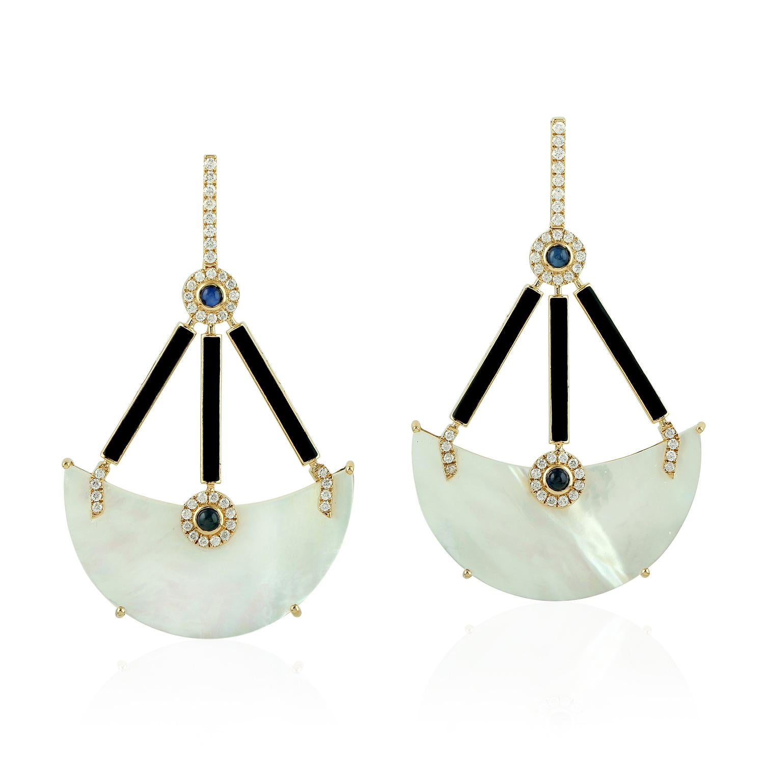 Half Moon Cut Blue Sapphire Mother of Pearl Diamond 18 Karat Gold Earrings For Sale