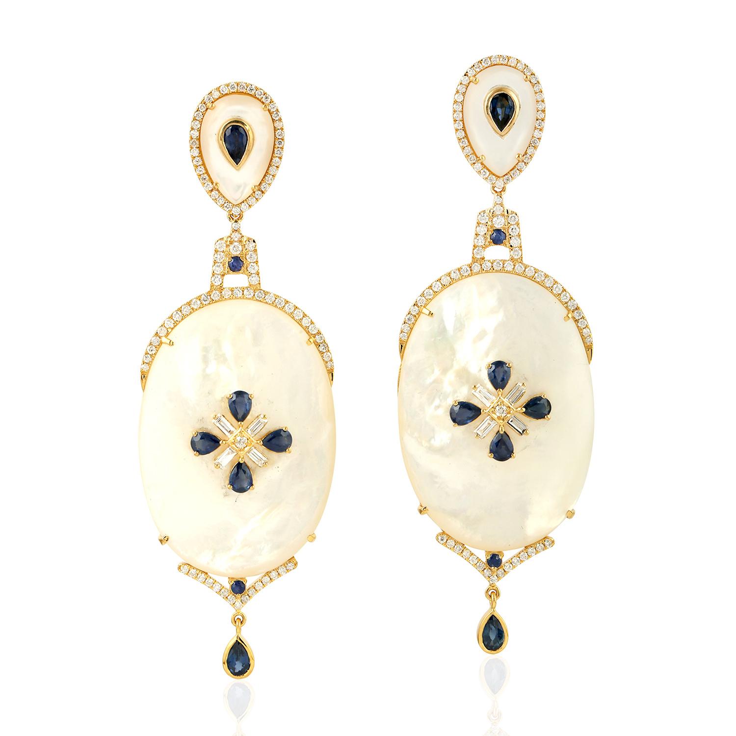 Mixed Cut Blue Sapphire Mother of Pearl Diamond 18 Karat Gold Earrings For Sale