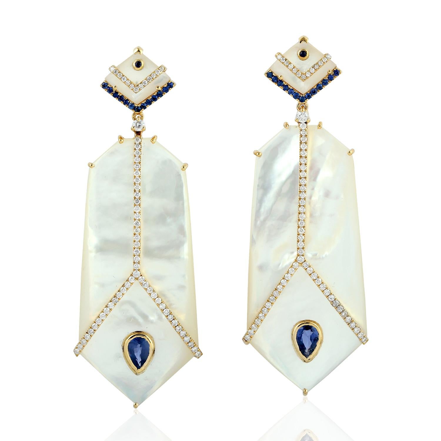 Hexagon Cut Blue Sapphire Mother of Pearl Diamond 18 Karat Gold Earrings For Sale