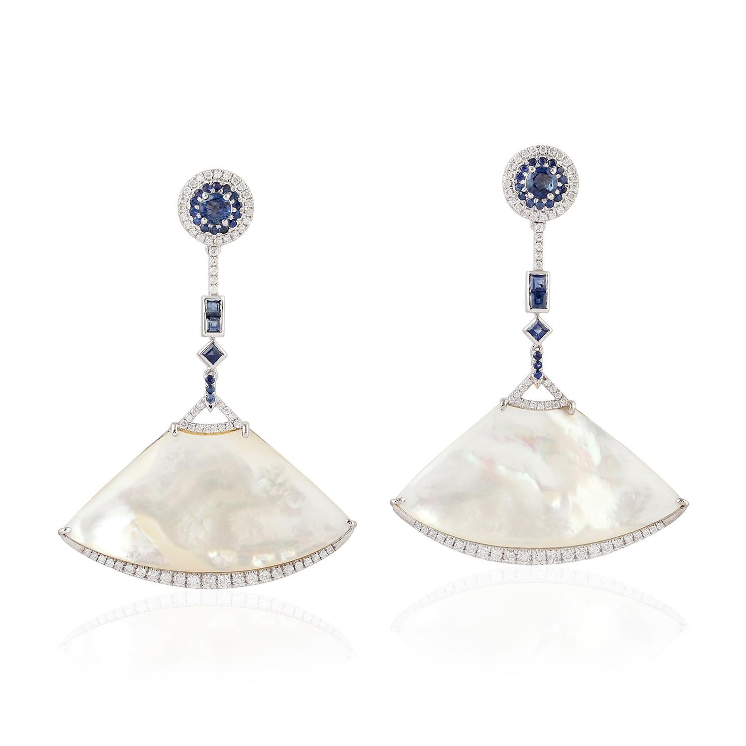Mixed Cut Blue Sapphire Mother of Pearl Diamond 18 Karat Gold Fan Earrings For Sale