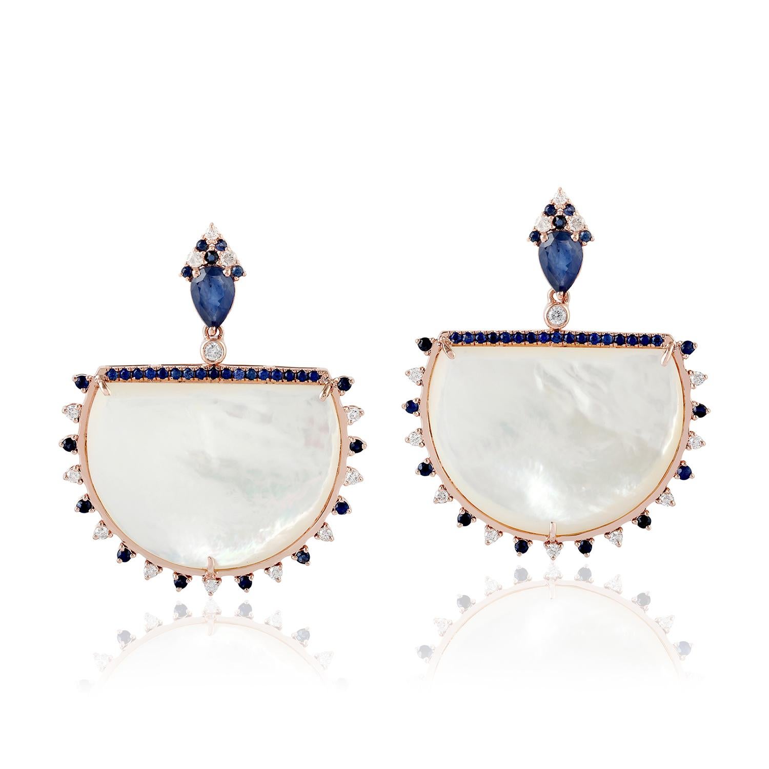Mixed Cut Blue Sapphire Pearl Diamond 18 Karat Gold Earrings For Sale
