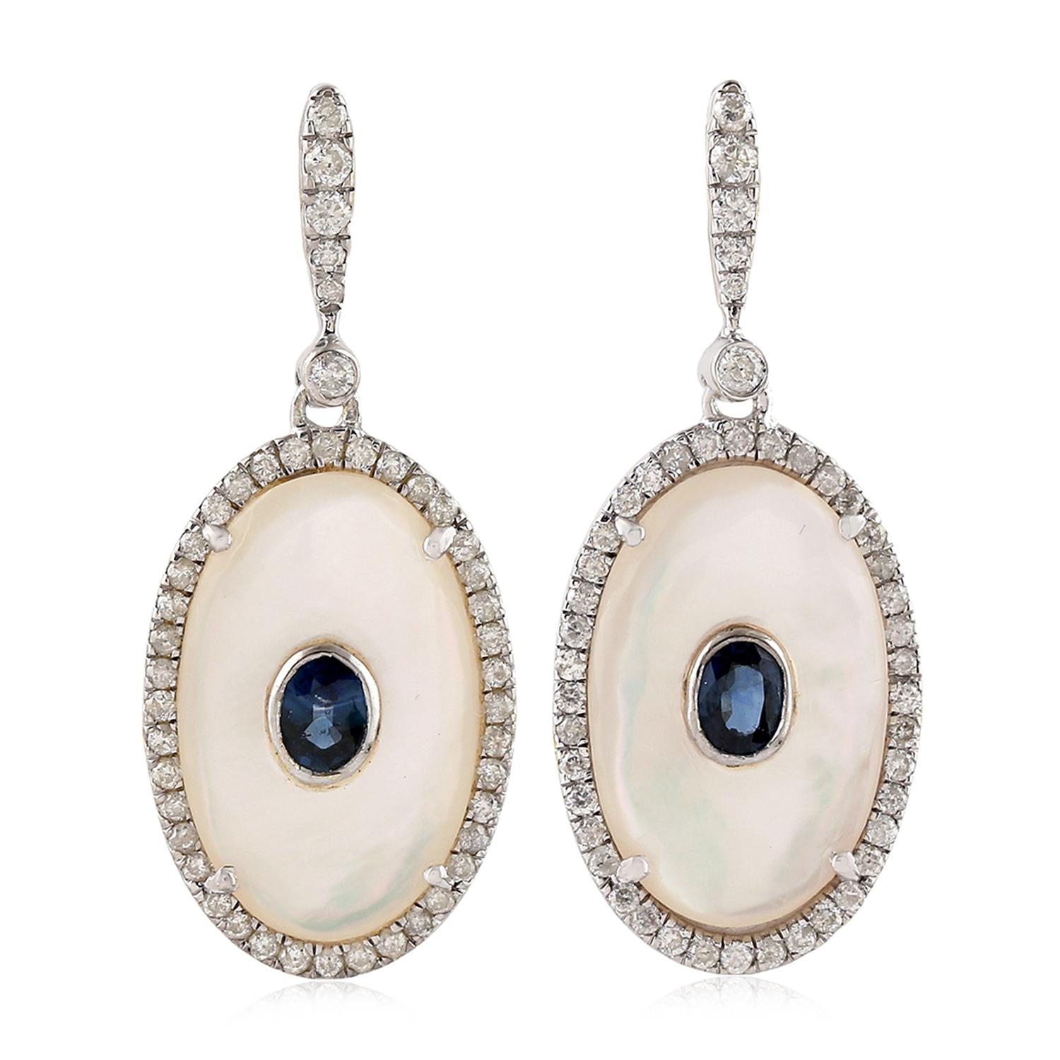 Oval Cut Blue Sapphire Pearl Diamond 18 Karat Gold Earrings For Sale