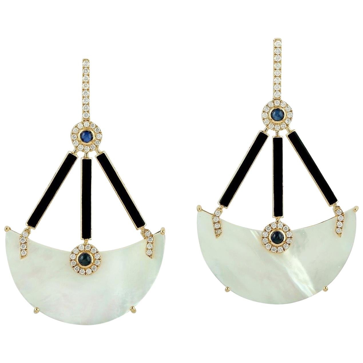 Blue Sapphire Mother of Pearl Diamond 18 Karat Gold Earrings For Sale