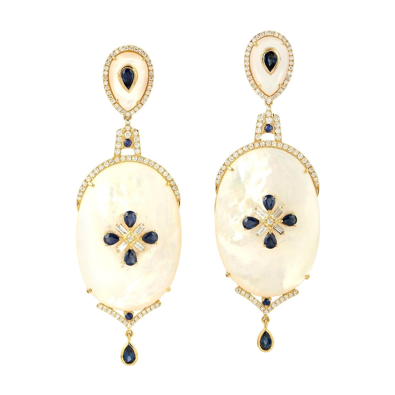 Blue Sapphire Mother of Pearl Diamond 18 Karat Gold Earrings For Sale