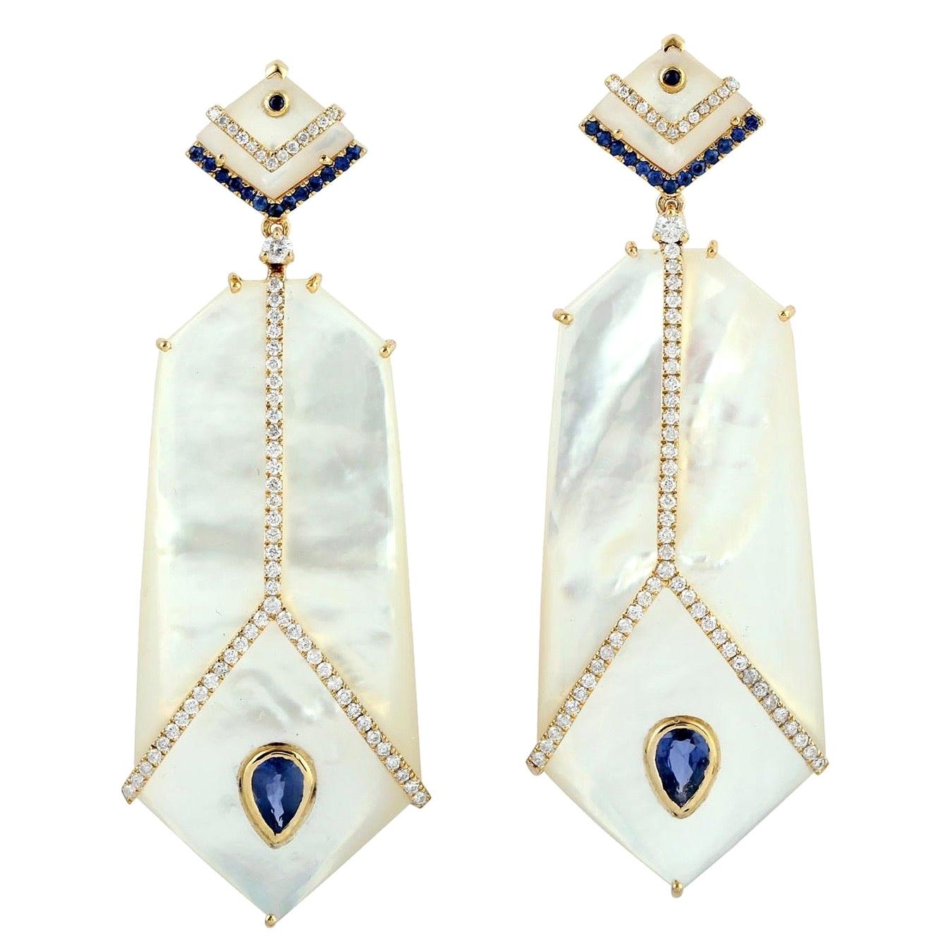 Blue Sapphire Mother of Pearl Diamond 18 Karat Gold Earrings