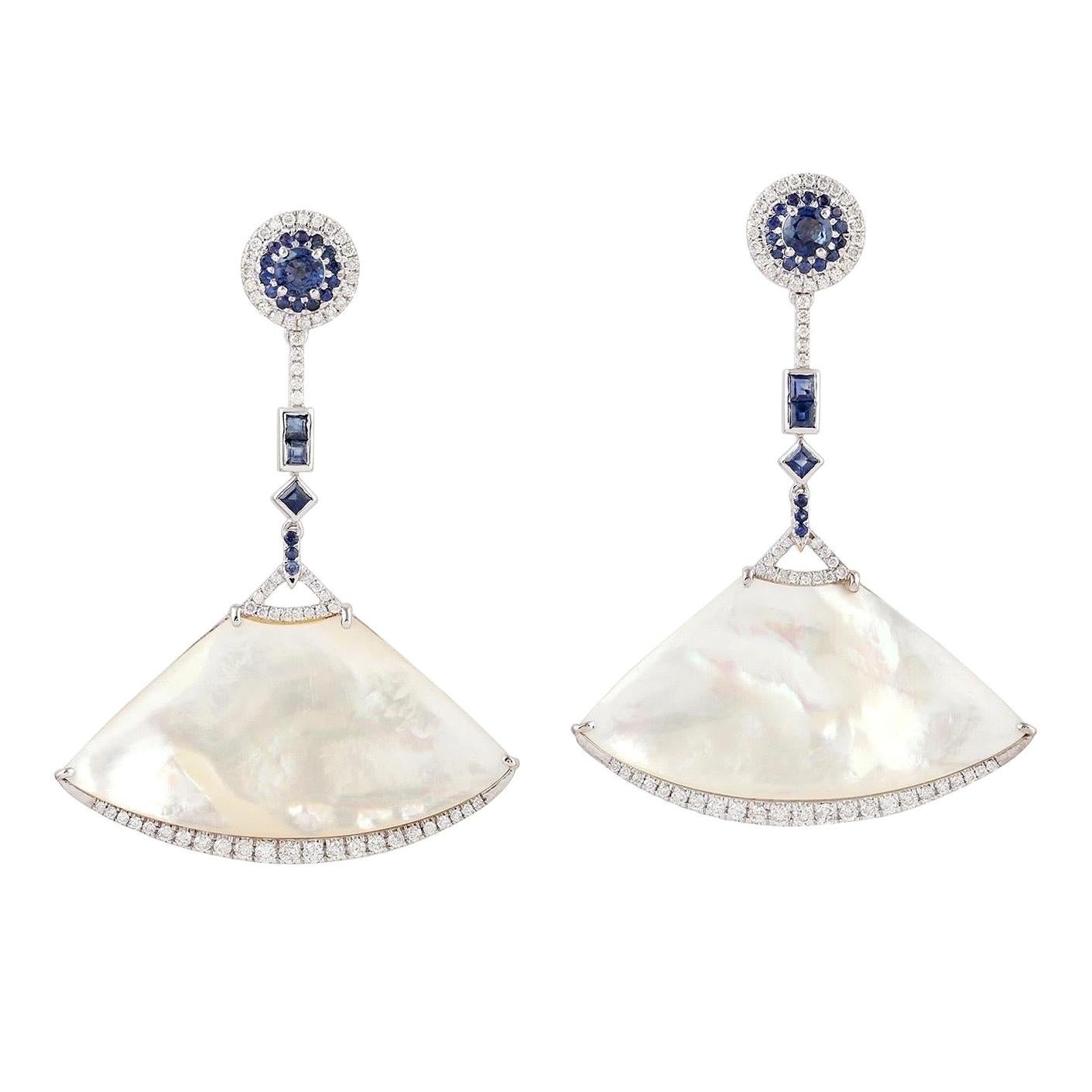 Blue Sapphire Mother of Pearl Diamond 18 Karat Gold Fan Earrings For Sale