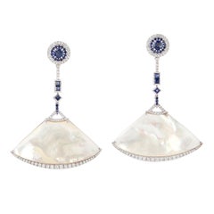 Blue Sapphire Mother of Pearl Diamond 18 Karat Gold Fan Earrings