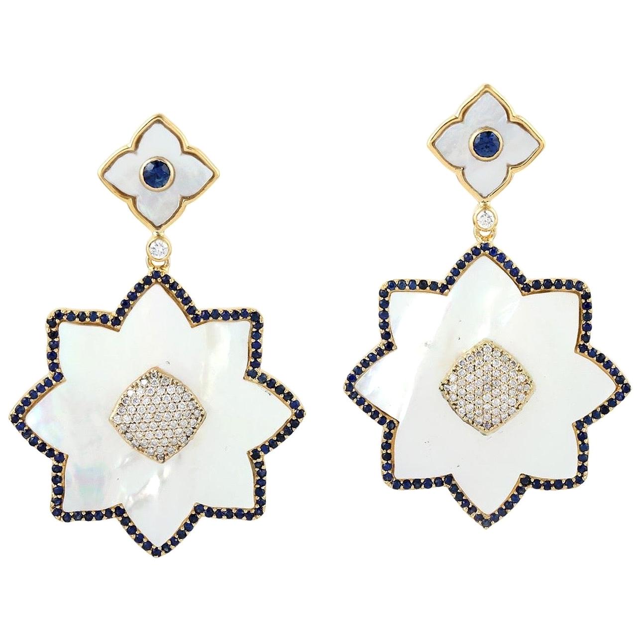 Blue Sapphire Pearl Diamond 18 Karat Gold Earrings For Sale