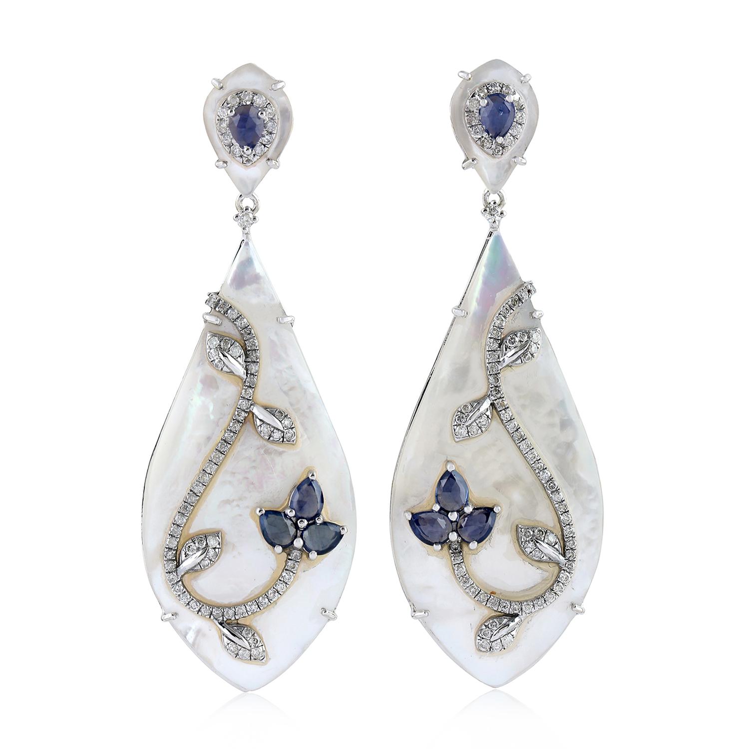 Modern Blue Sapphire Pearl Diamond 18 Karat Gold Veil Earrings For Sale