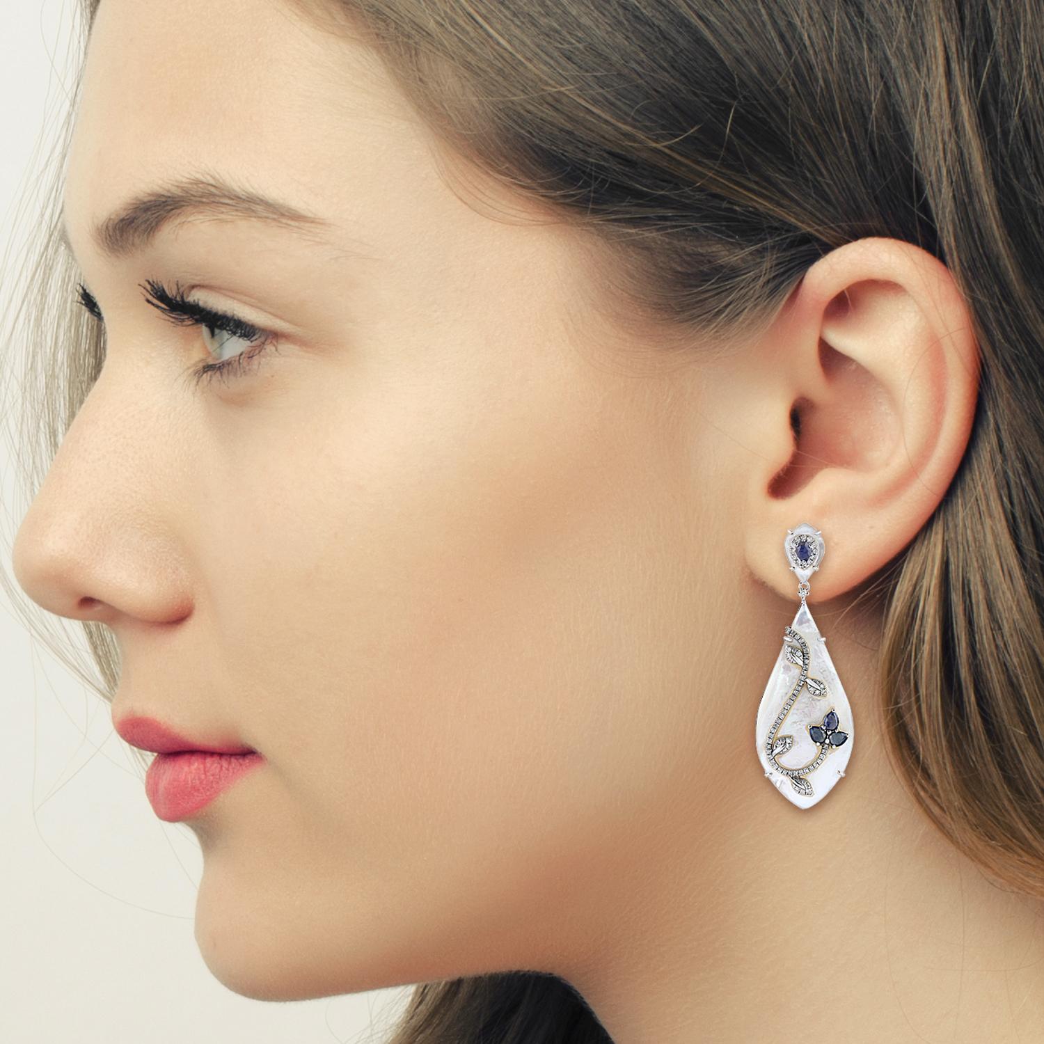 Pear Cut Blue Sapphire Pearl Diamond 18 Karat Gold Veil Earrings For Sale
