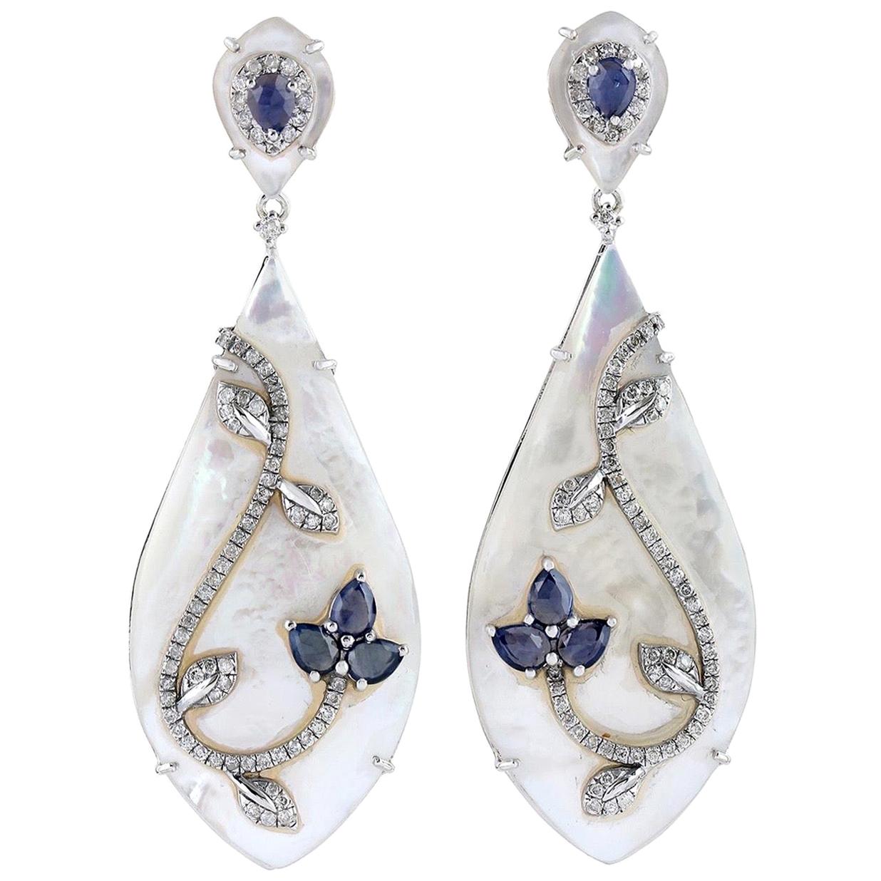 Blue Sapphire Pearl Diamond 18 Karat Gold Veil Earrings
