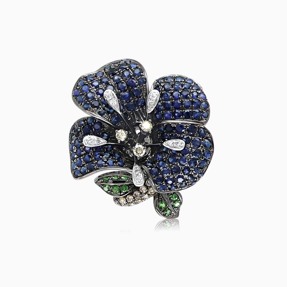 Blue Sapphire Multi-Gemstone Pave Set Lilly Flower 18K White Gold Ring In New Condition For Sale In Oakton, VA