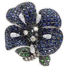 Blue Sapphire Multi-Gemstone Pave Set Lilly Flower 18K White Gold Ring
