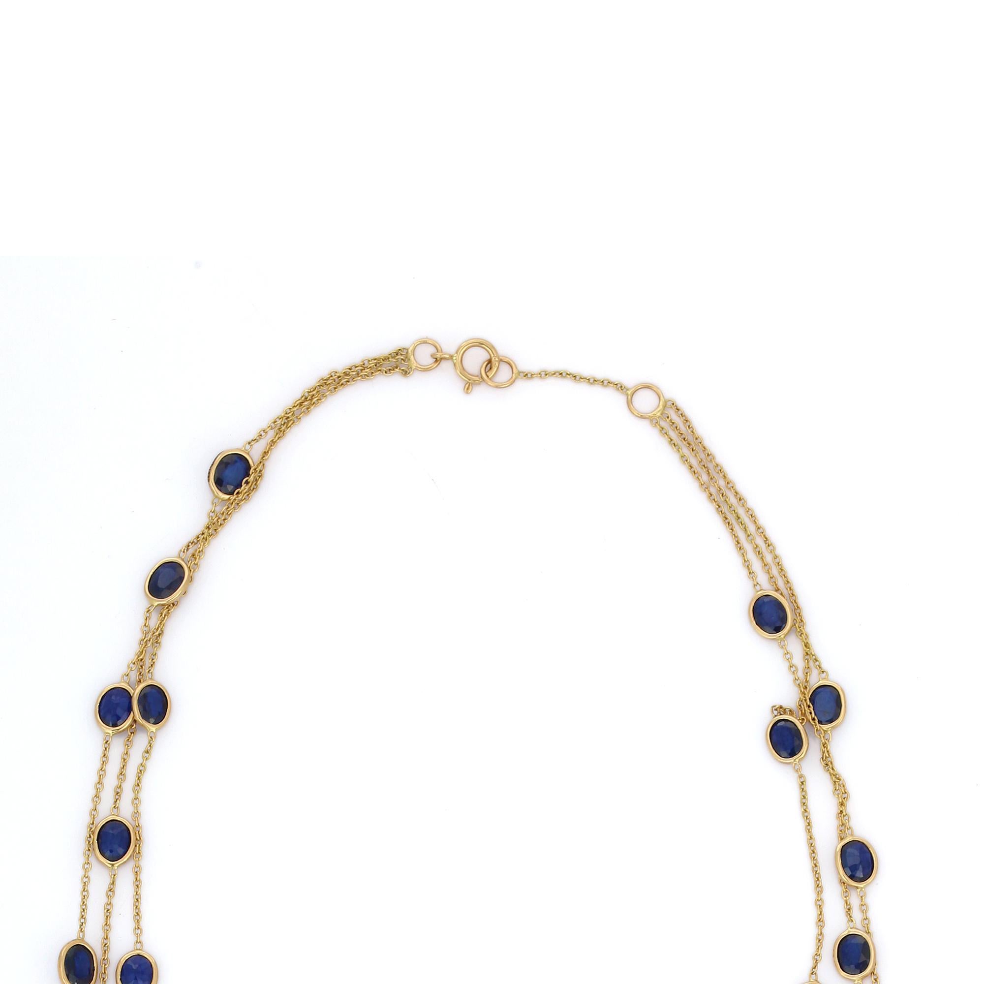 Modern Blue Sapphire Multi Layered Chain Necklace in 18K Yellow Gold  For Sale