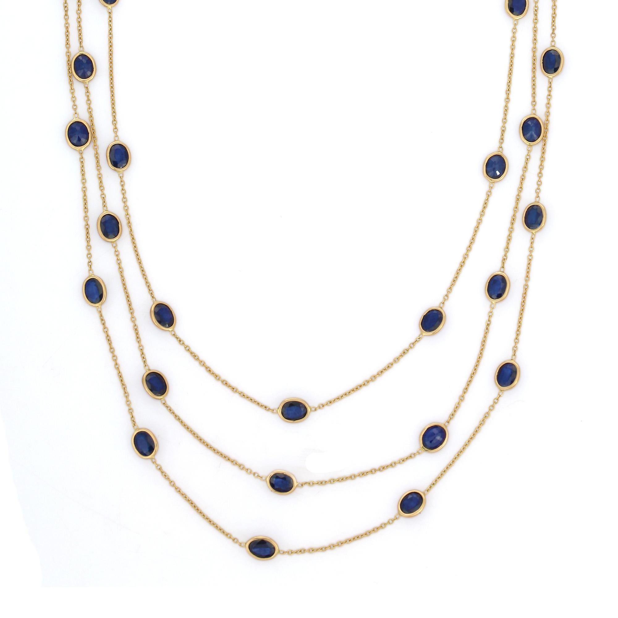 Oval Cut Blue Sapphire Multi Layered Chain Necklace in 18K Yellow Gold  For Sale