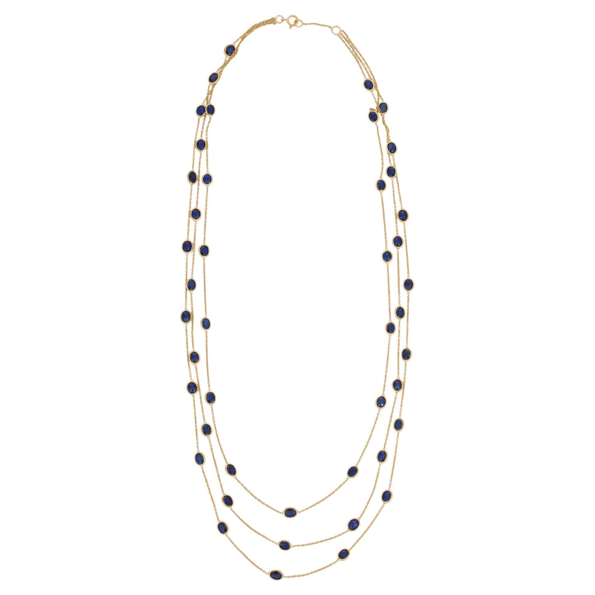 Blue Sapphire Multi Layered Chain Necklace in 18K Yellow Gold  For Sale