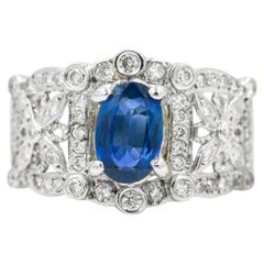 Blue Sapphire Natural Diamond 1.48 Carat Engagement Ring 14K White Gold