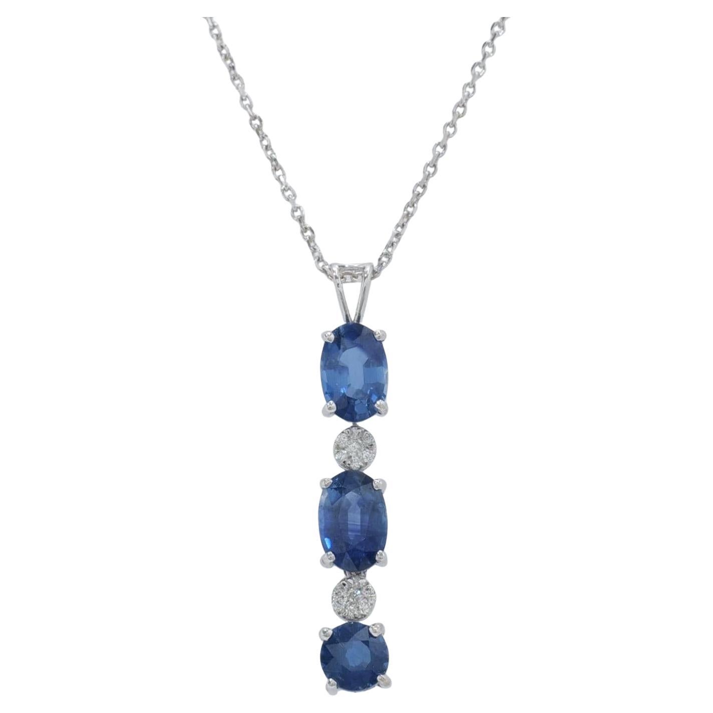 Blue Sapphire Natural Diamond Gemstone Necklace in 14K Solid Gold (Certified)