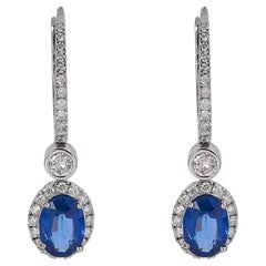 Blue Sapphire Natural Diamond Halo Huggie Earrings in 14k Solid Gold (Certified)