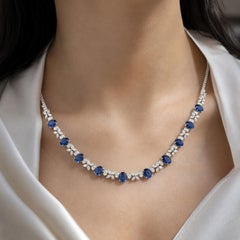Blue Sapphire Natural Diamond Necklace 18K White Gold Floral Statement Jewelry