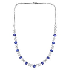 Blue Sapphire Natural Diamond Necklace 18K White Gold Floral Statement Jewelry