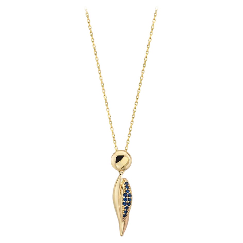 Blue Sapphire Necklace 20" in 14K Solid Yellow Gold For Sale