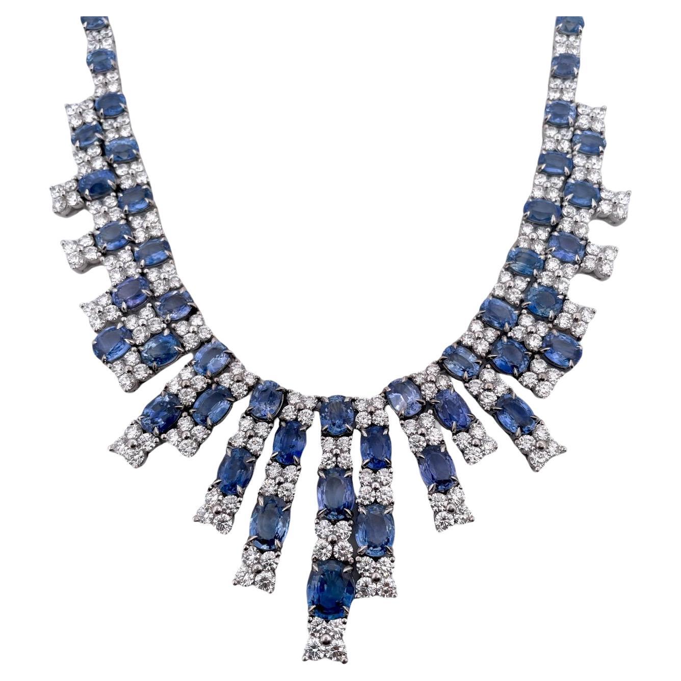 Blue Sapphire Necklace - Oval 89.60 Carat. - 18K White Gold For Sale