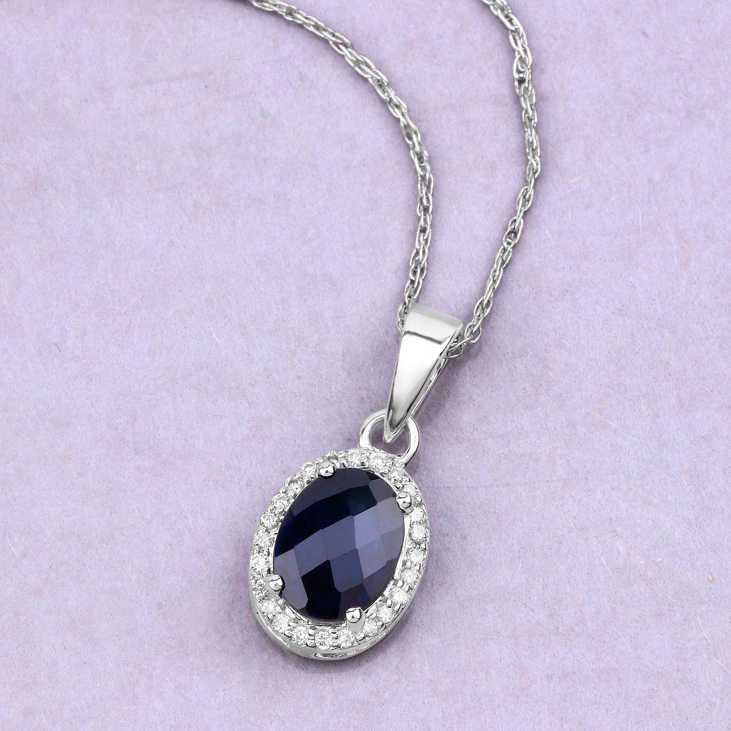 Oval Cut Blue Sapphire Necklace With Diamond Halo 1.66 Carats 14K White Gold For Sale