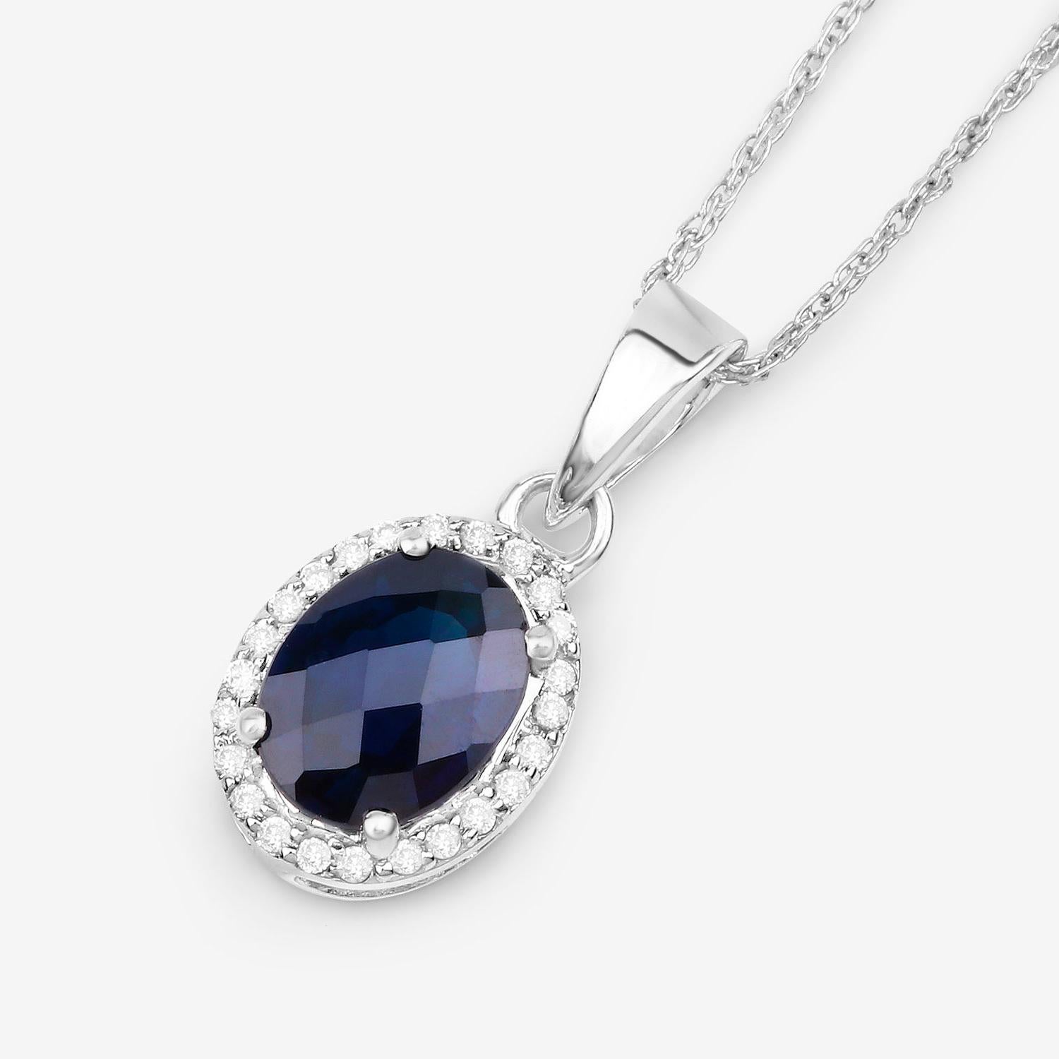 Blue Sapphire Necklace With Diamond Halo 1.66 Carats 14K White Gold In Excellent Condition For Sale In Laguna Niguel, CA
