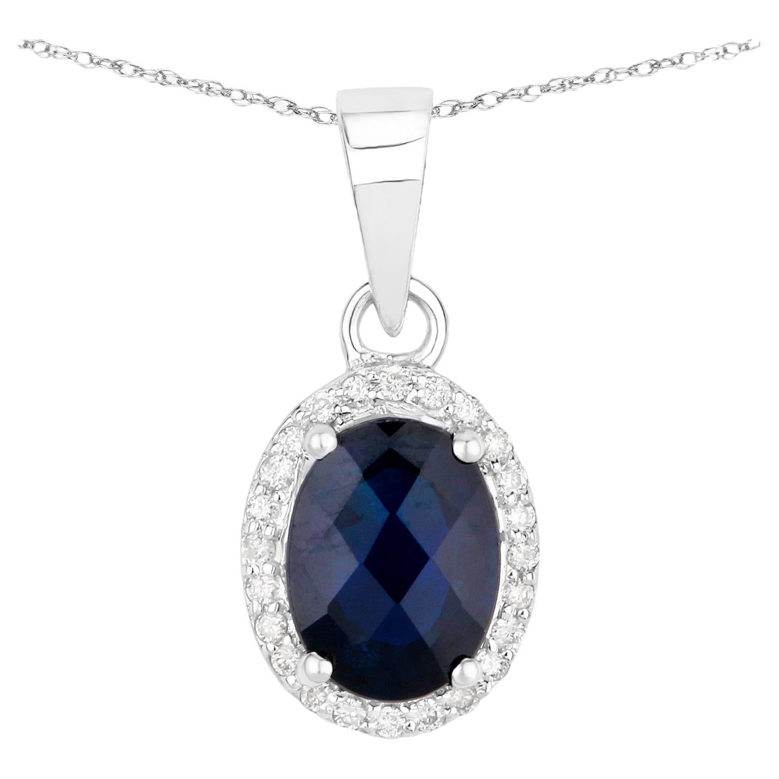 Blue Sapphire Necklace With Diamond Halo 1.66 Carats 14K White Gold For Sale