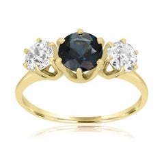 Blue Sapphire Old European Cut Diamond Three-Stone Gold Ring