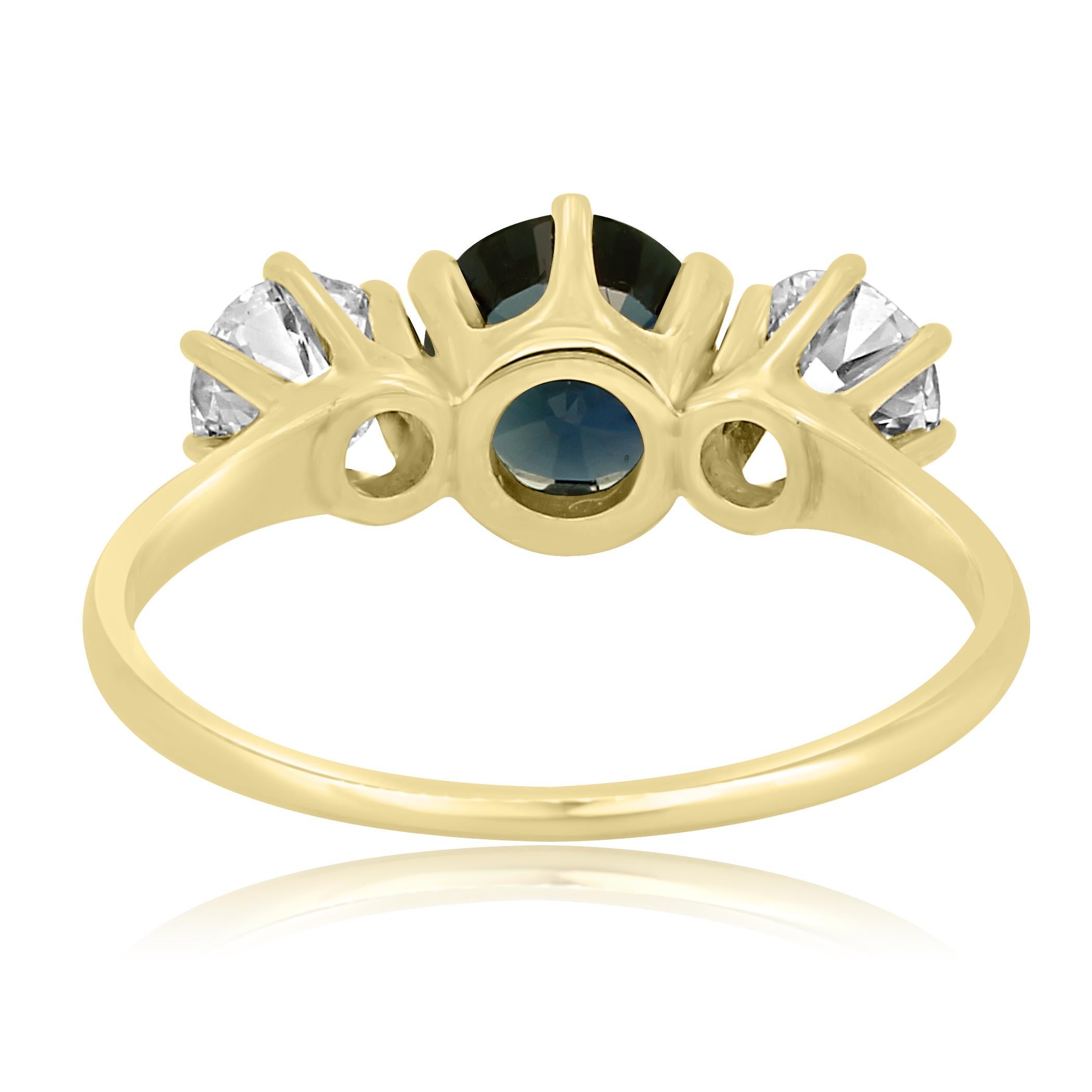 Women's Blue Sapphire Old European Cut Diamond Three-Stone Gold Ring For Sale