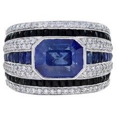 Blue Sapphire Onyx Diamond Art Deco Style Men Band Ring in 18K White Gold