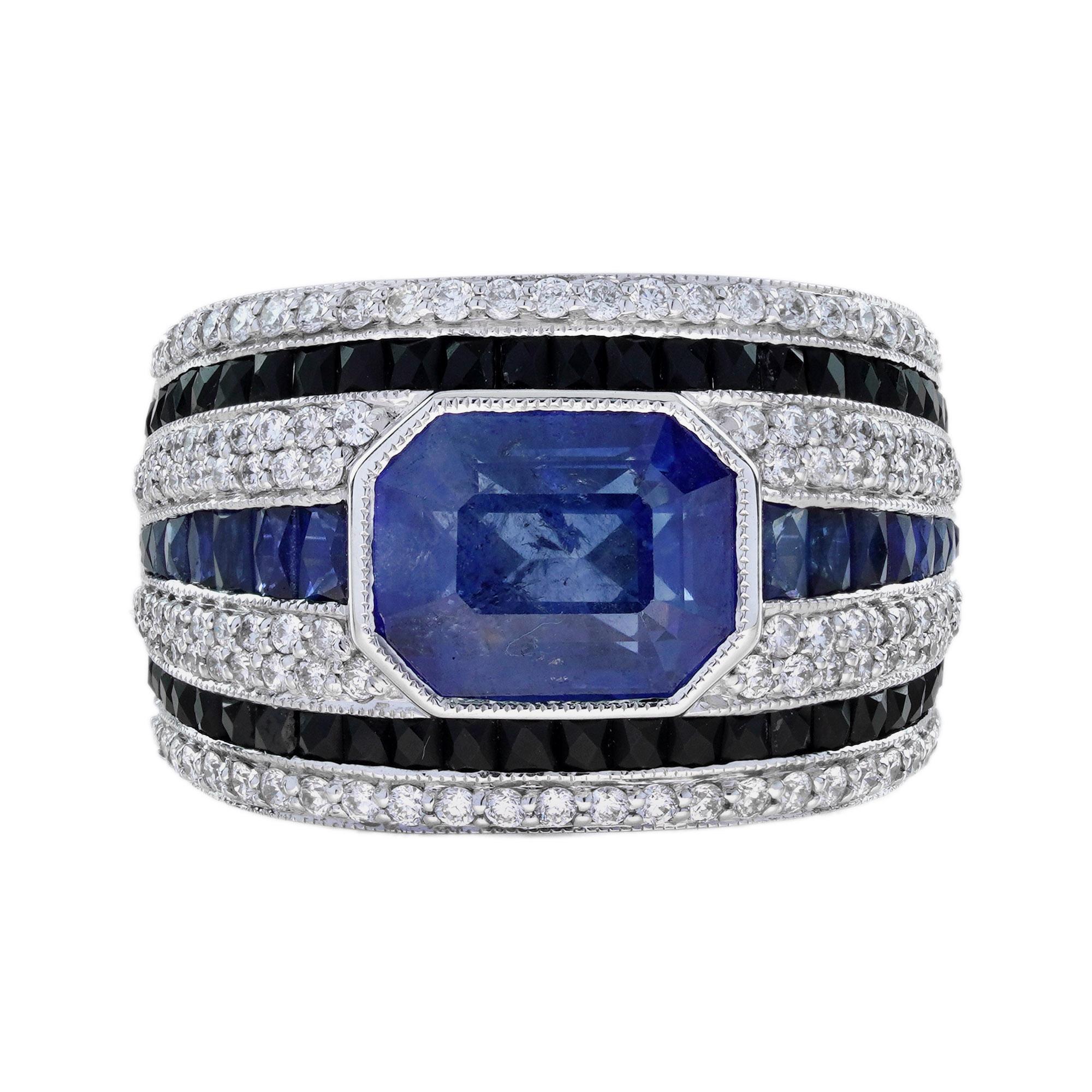Blue Sapphire Onyx Diamond Art Deco Style Men Band Ring in 18K White Gold For Sale