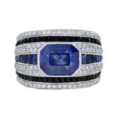 Blue Sapphire Onyx Diamond Art Deco Style Men Band Ring in 18K White Gold