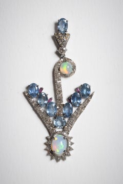 Blue Sapphire, Opal and Diamond Dangle Earrings